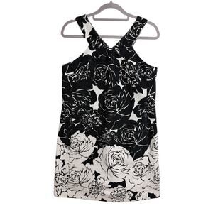 Taylor Black White Rose Floral Shift Dress Size 10 Crossback Strap Pockets Back